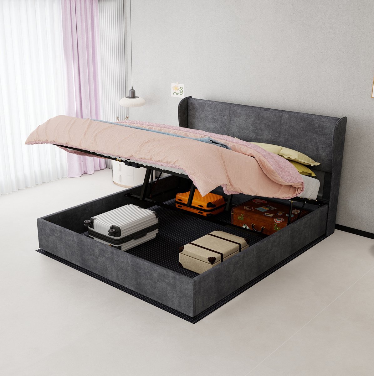 Bedframe Met Opbergruimte 160x200cm - Gestoffeerd Bed Met Gaslift En Hoog Hoofdbord - Modern Minimalistisch - Stof - Zonder Matras - Grijs