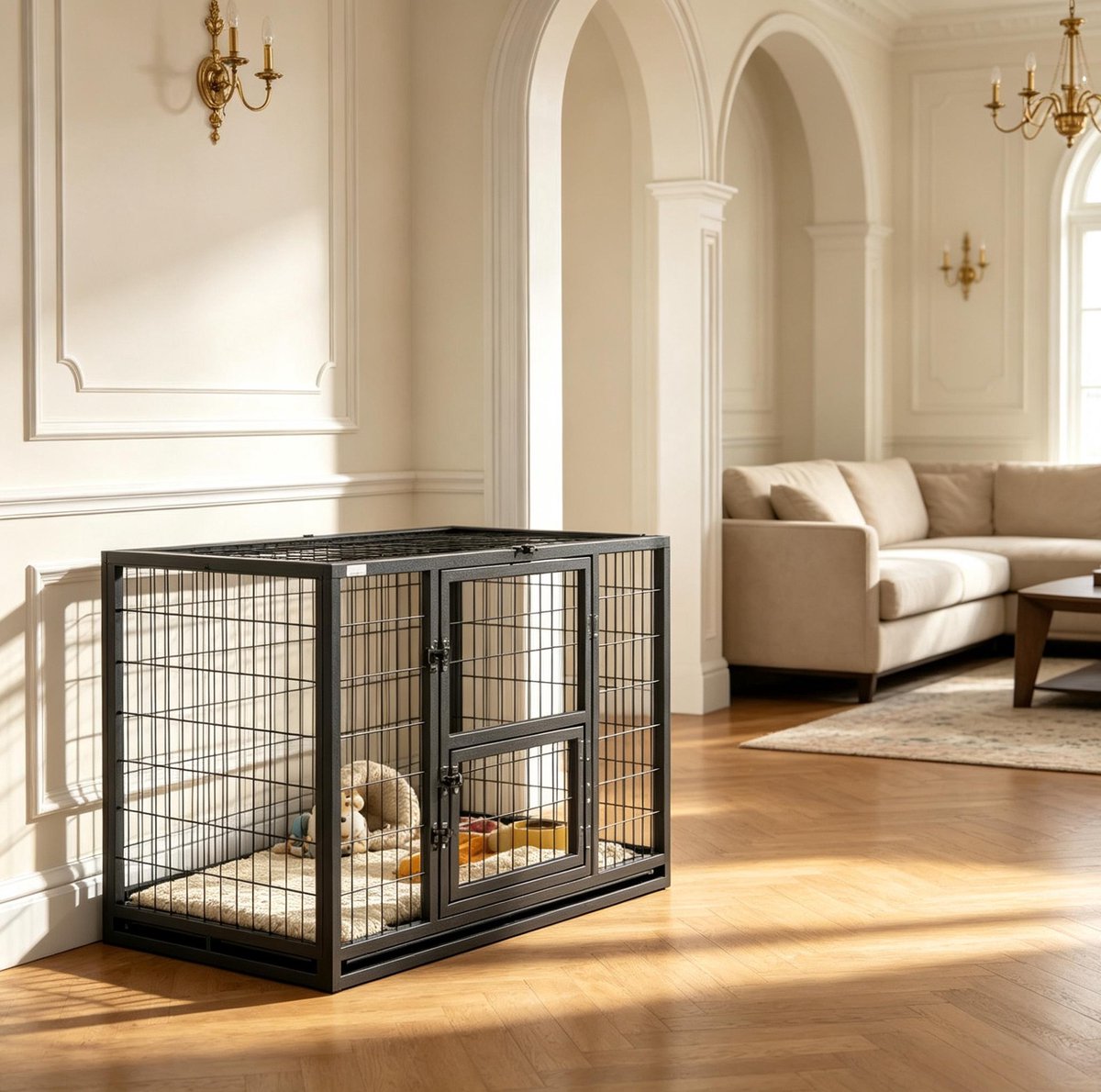 REDOM - Hondenbench - Stalen frame - Opklapbaar dak - Ingebouwde voerdeur - Voor binnengebruik - Staal - Zwart - 94 x 60 x 64 cm