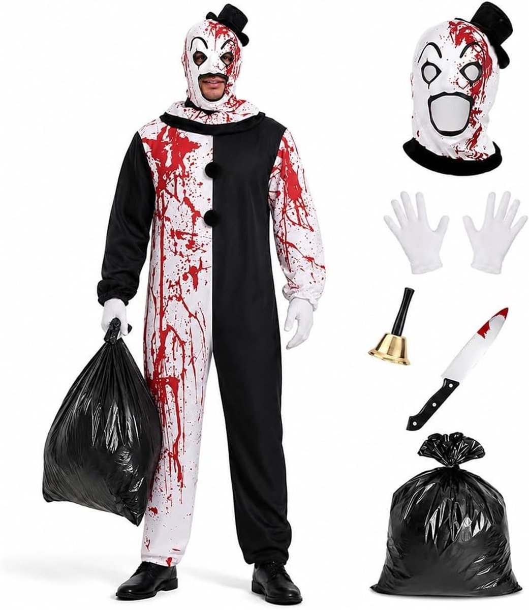 Halloween kostuum clownmoordenaar met zwart-witte overall, masker, handschoenen en accessoires voor feest en carnaval