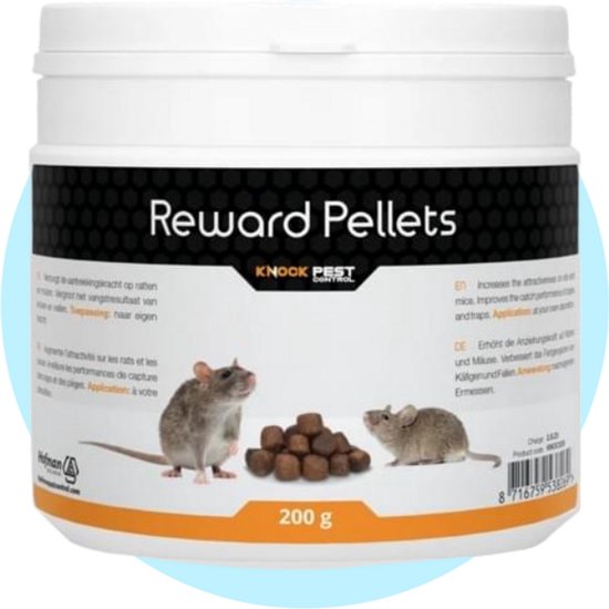 Witte pot met 'Reward Pellets' en afbeelding van twee muizen met lokazen.
