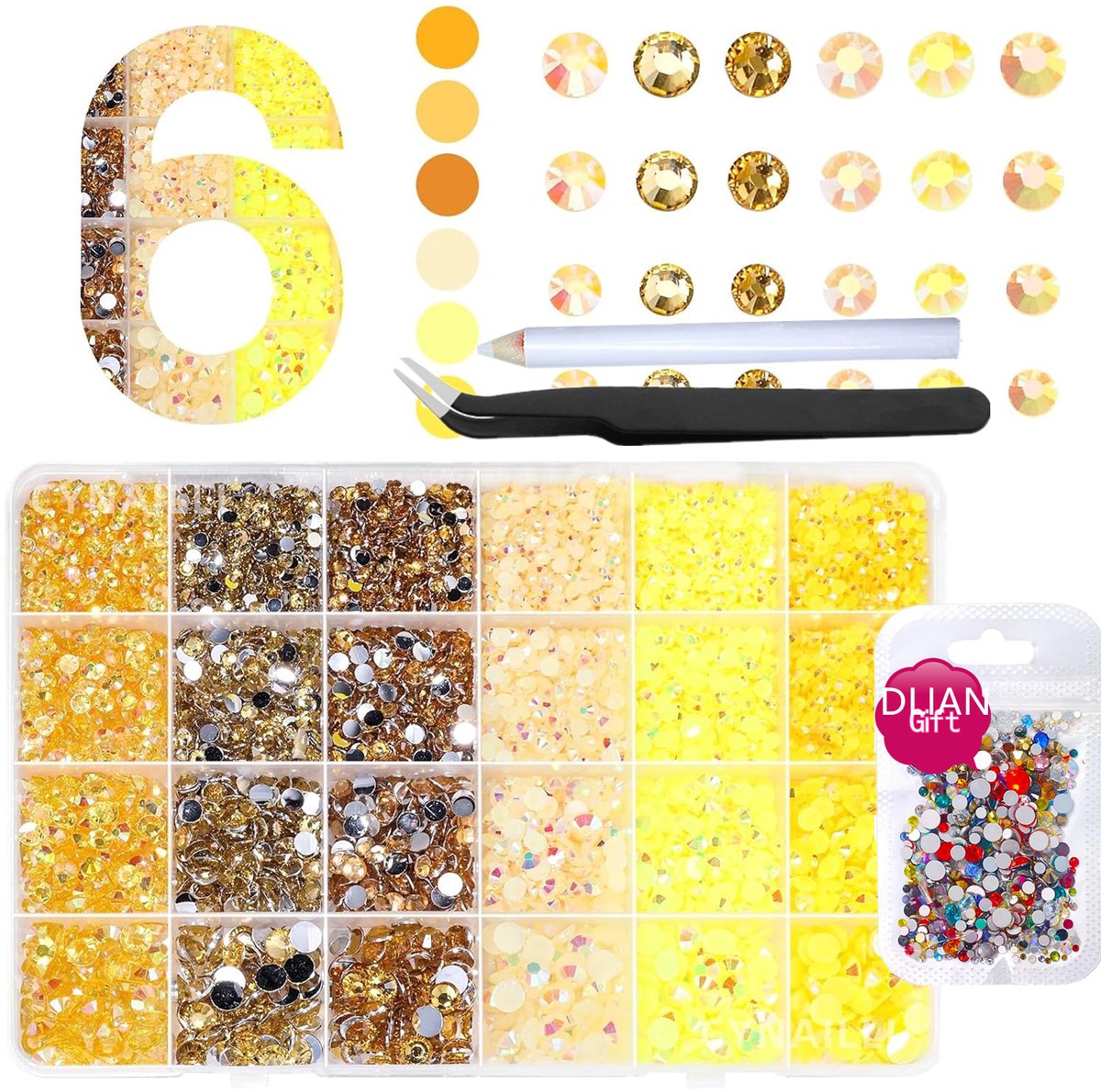 Currero Bedazzle Kit - Bedazzling - Plakstenen - Strass Steentjes - DIY Versieren - Set Met 16.000 Steentjes - Nagel Decoratie - Met Pincet En Applicator - 3/5mm - Geel
