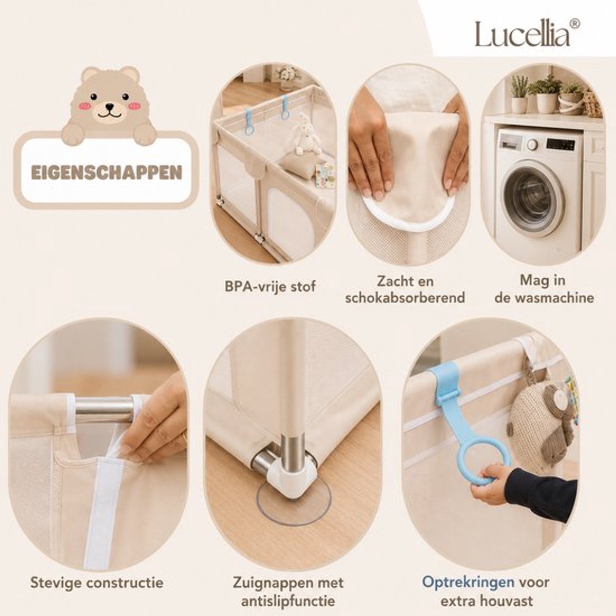 Lucellia® Grondbox Baby 120x160 cm met Dierenprint – Speelbox met Speelmat & 30 Speelballen – Kinderbox, Playpen & Baby Box – Draagtas – Beige – foto 7