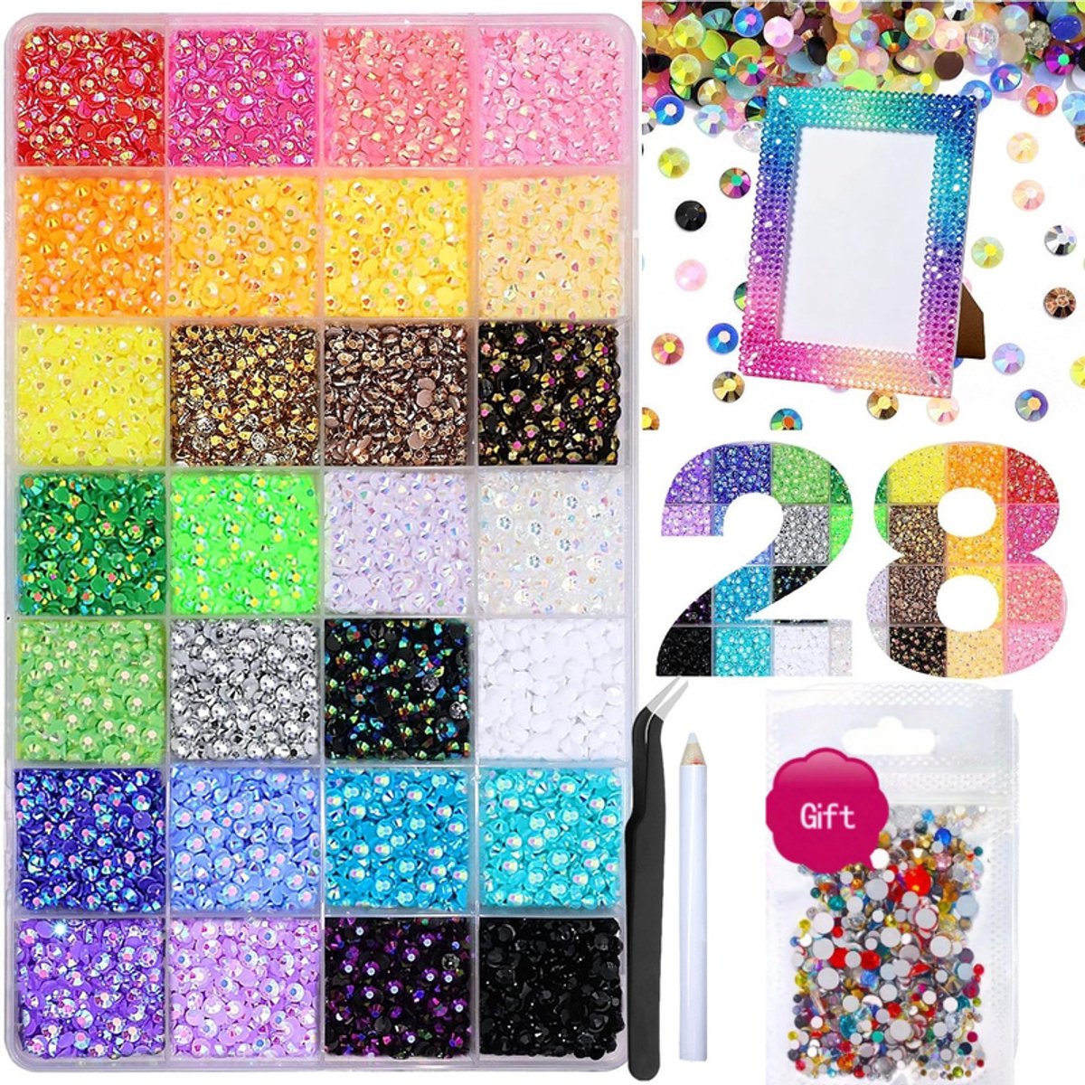 Currero Bedazzle Kit - Bedazzling - Plakstenen - Strass Steentjes - DIY Versieren - 28 Vakken - Met Pincet En Applicator - 3mm - Serie 3