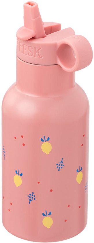 Roze Fresk thermosfles met zomerfruitprint, met rietje en draaglus.