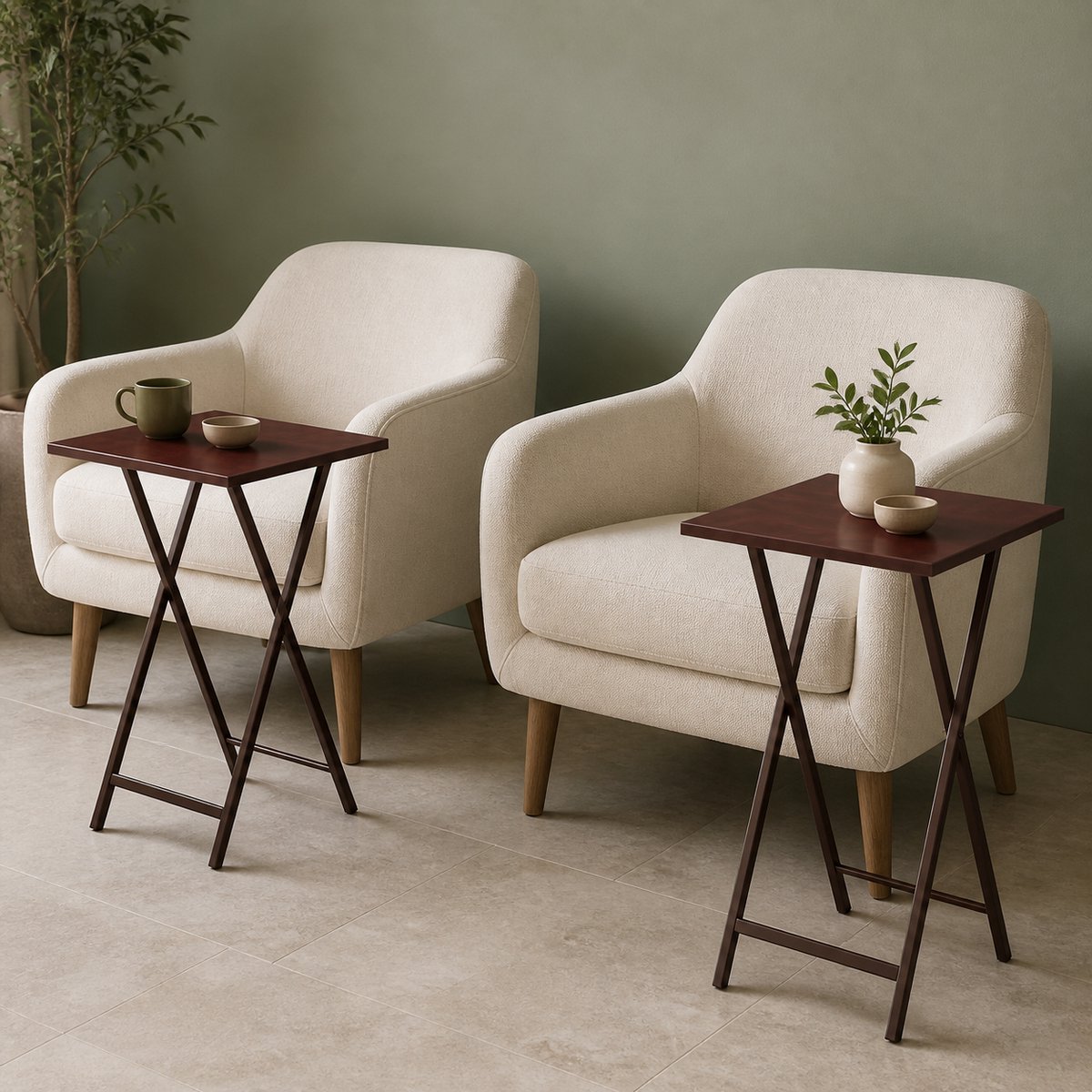 TRANKIELO® - Opvouwbare bijzettafels set van 2 - Industriële stijl - Roodbruin - Perfect voor woonkamer en nachtkastjes