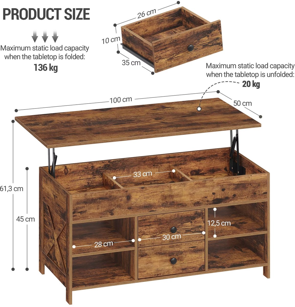 Whoopr® Vintage Salontafel Bruin – In Hoogte Verstelbare Lift-Top Salontafel met 2 Laden & Verborgen Opbergruimte – Woonkamertafel voor Woonkamer & Kantoor