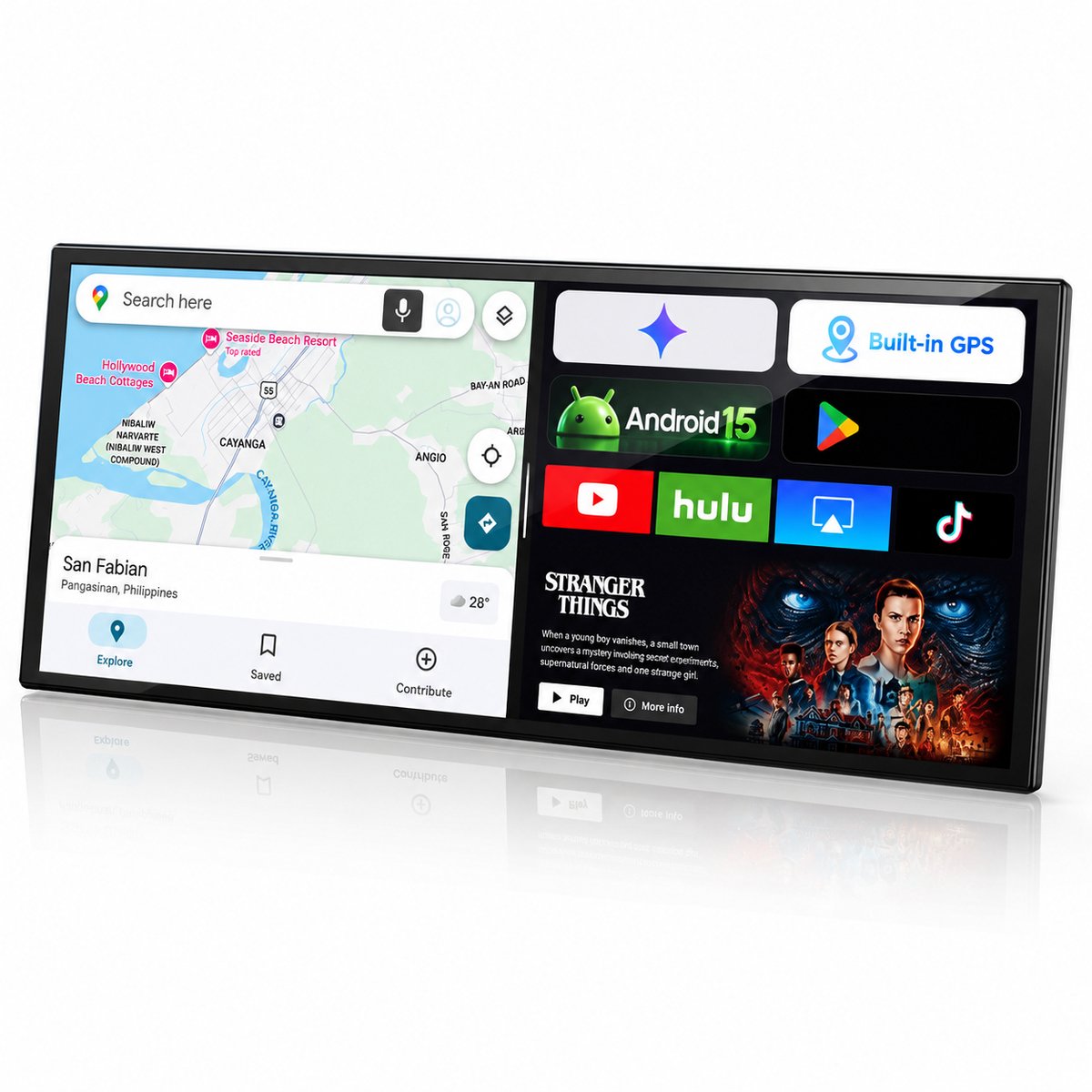 CarPlay scherm 11 inch draadloos navigatiesysteem met Android Auto, GPS, touchscreen en achteruitrijcamera 1080P