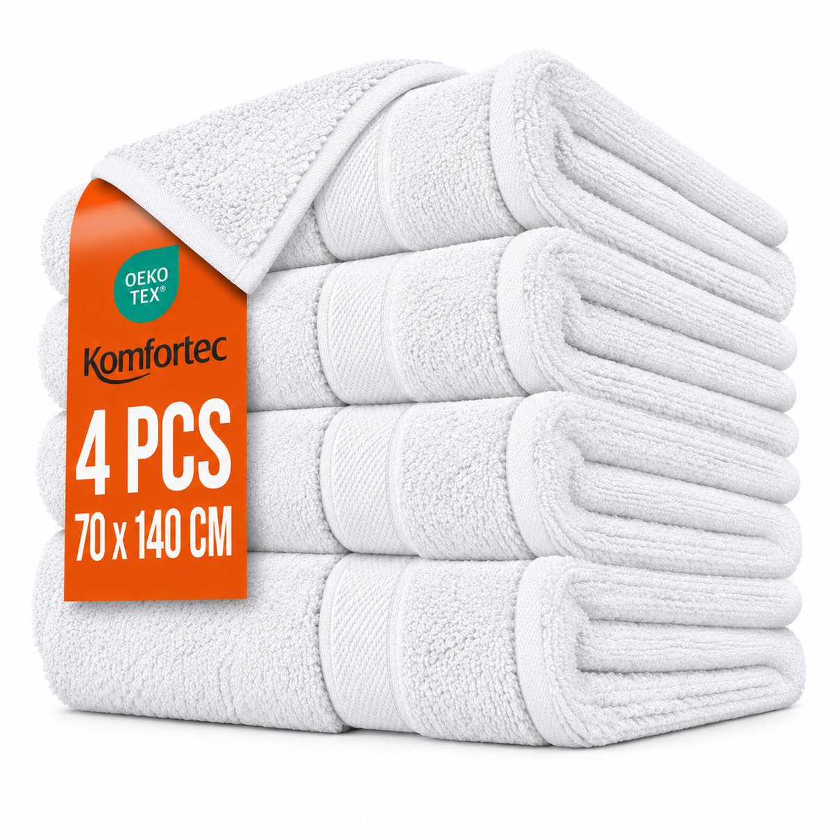 Komfortec handdoeken – Set van 4 - Badhanddoek 70x140 cm - 100% Katoen – Wit