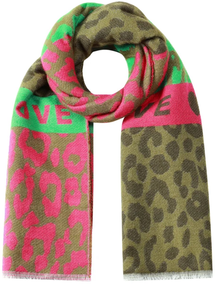 Legergroene Kleurrijke Leopardprint Sjaal - Leopardprint & Tekst 'LOVE IS' - Wintersjaal Dames - Afmetingen 180 cm x 70 cm - Legergroen, Groen & Fuchsia