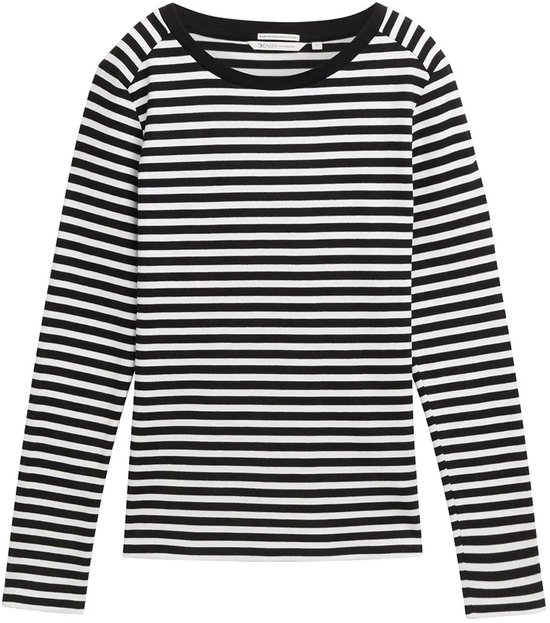 Dames T-shirt met lange mouwen, zwart-wit streepjesmotief.
