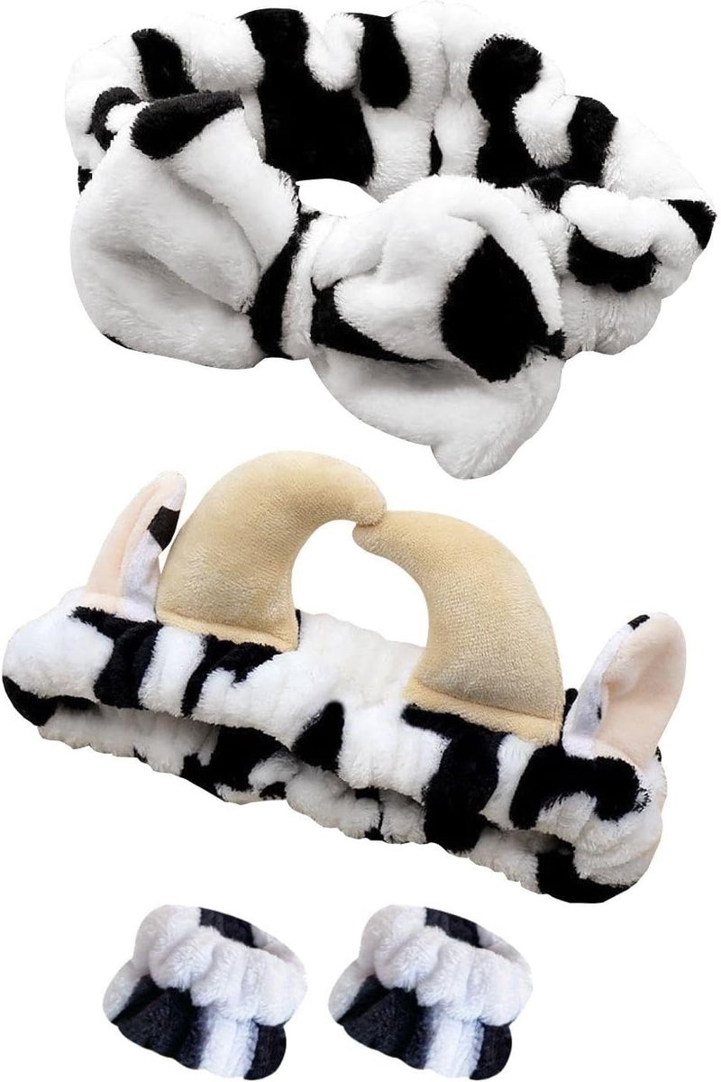 Set van 2 Koeien Hoofdbanden en 2 Koeien Armbanden, Elastische Hoofdbanden voor Make-up en Gezichtsreiniging, Pluche Accessoires voor Vrouwen