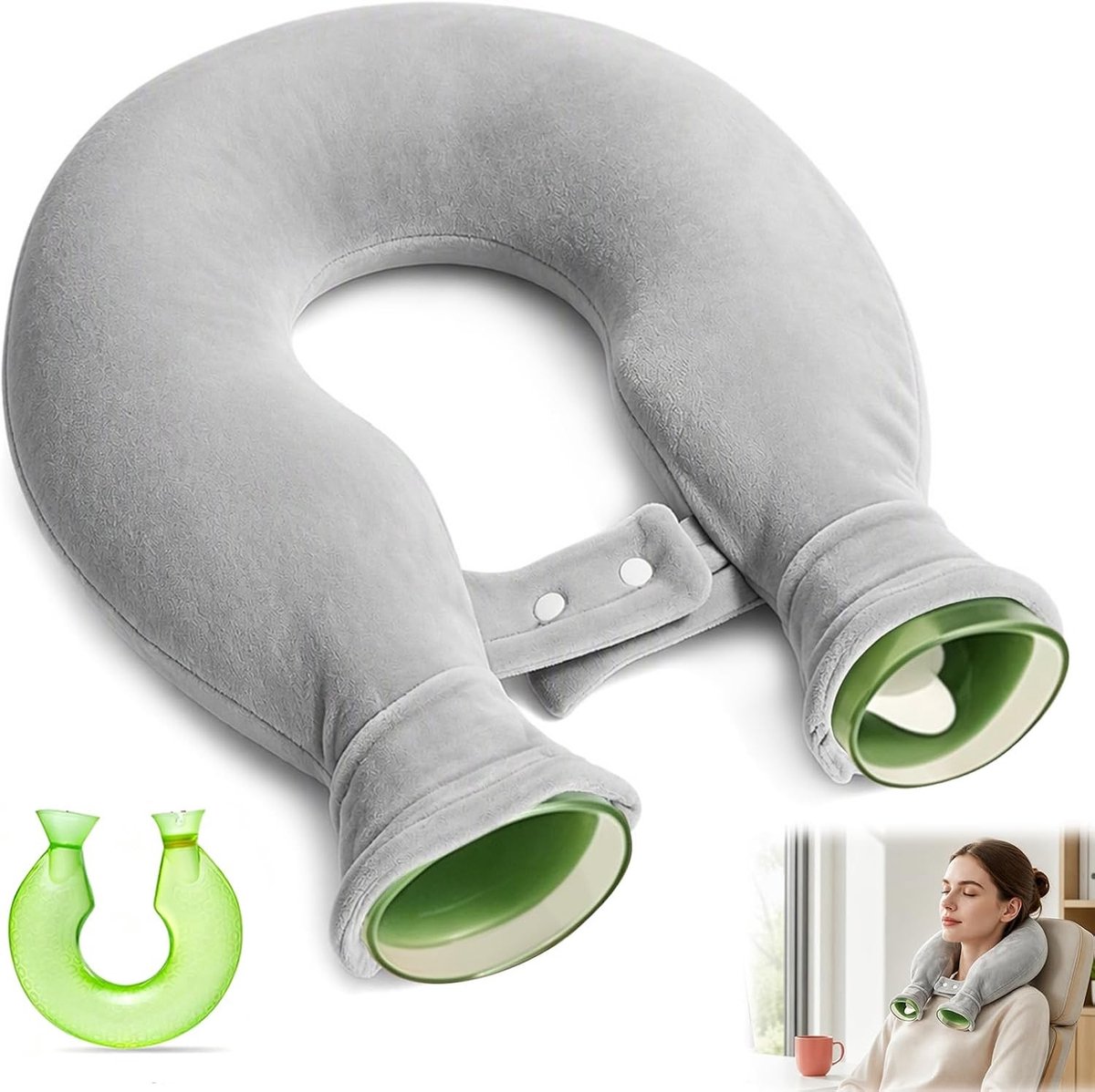 Ergonomische U-vormige warmwaterkruik (1,8L) met zachte bekleding voor nek en schouders, lekvrij en ontspannend voor spierpijn en spanning