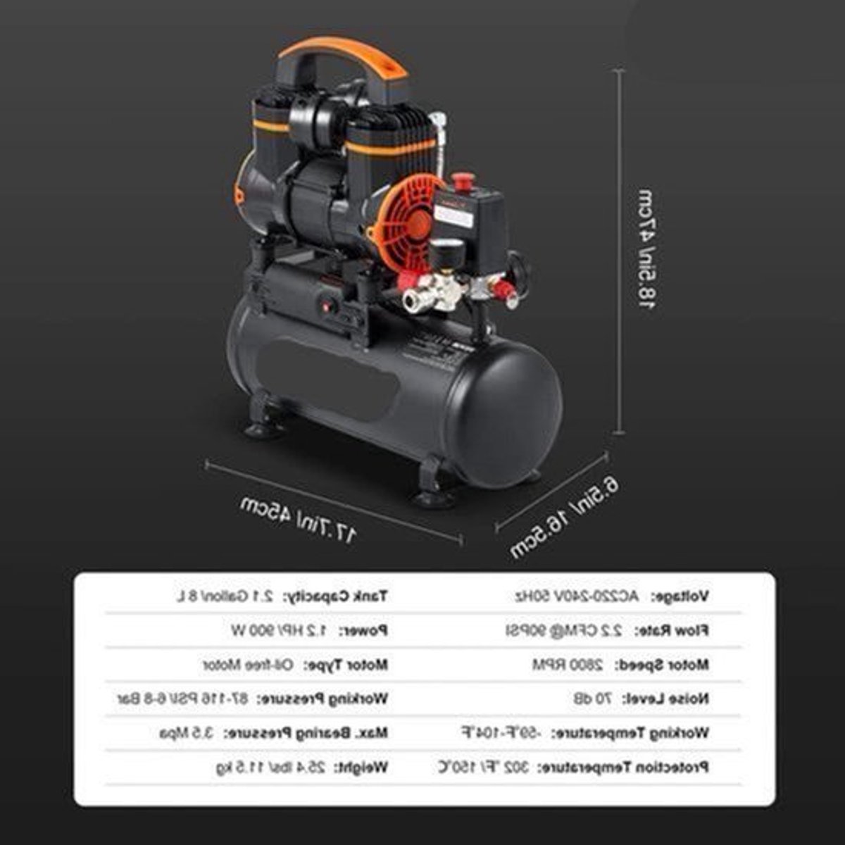 Stille Olievrije Luchtcompressor - Luchtcompressor - Luchtcompressor Bandenpomp - 70dB Geluidsarm - 2,1 Gallon - Draagbare - voor Banden - Spuitwerk - Gereedschap