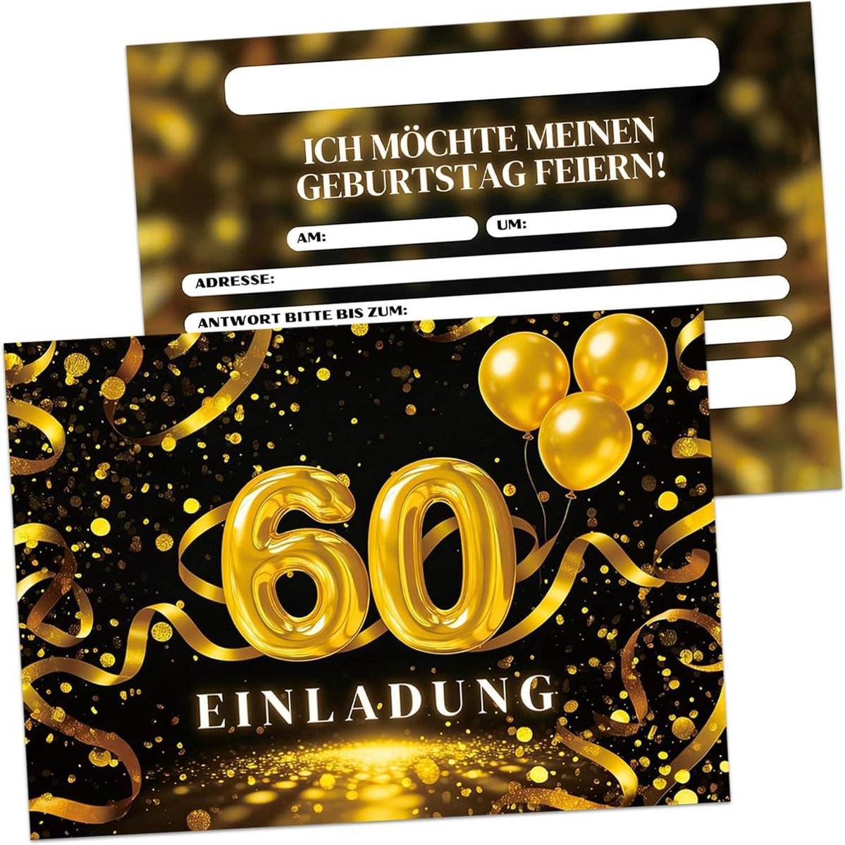 Uitnodigingskaarten voor een 60e verjaardag in zwart en goud - Feestelijke kaarten voor een bijzondere mijlpaal, gepersonaliseerd en stijlvol