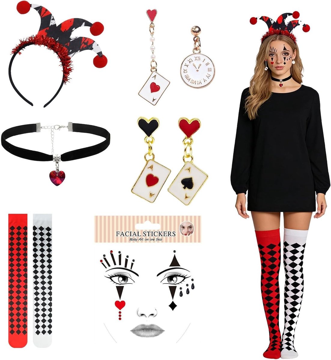 Carnaval Kostuum Accessoire Set voor Vrouwen in Rood Zwart, Inclusief Diamant Kousen, Speelkaarten, Oorbellen, Haarband, Hart Ketting en Gezicht Stickers voor Carnaval en Halloween Feestjes