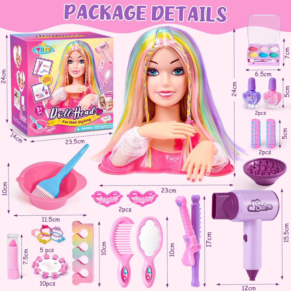 vamei Poppenhoofd voor make-up en kammen, kapset met haardroger, nagellak, make-up en haaraccessoires, speelgoed - ShopVlot