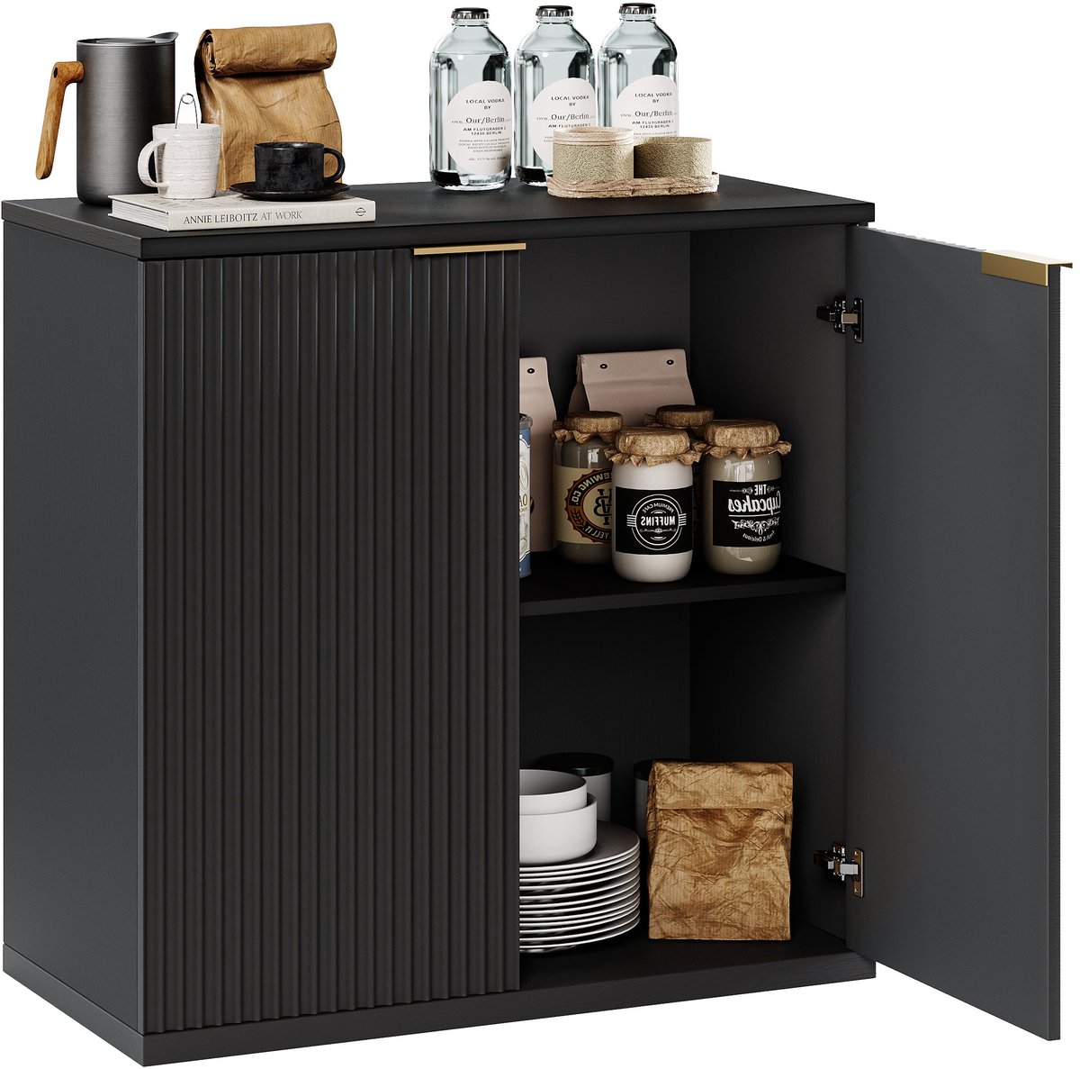 Merax Opbergkast Dressoir 80 X 40 X 80 Cm - Zwart - Geribbeld Front - Sideboard Kast Met 2 Deuren En Plank Voor Woonkamer - Slaapkamer En Hal