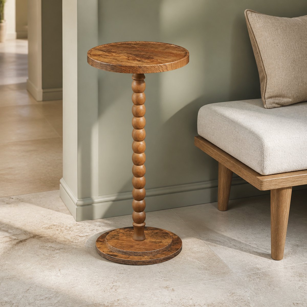 TRANKIELO® - Ronde Bijzettafel met Massief Houten Poot - Ruimtebesparend Ontwerp - Ideaal voor Woonkamer en Slaapkamer