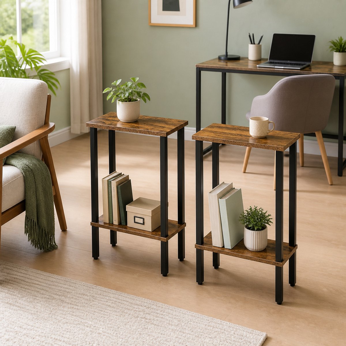 TRANKIELO® - 2-laags bijzettafel set van 2 - Compacte salontafels voor kleine ruimtes - Vintage bruin en zwart
