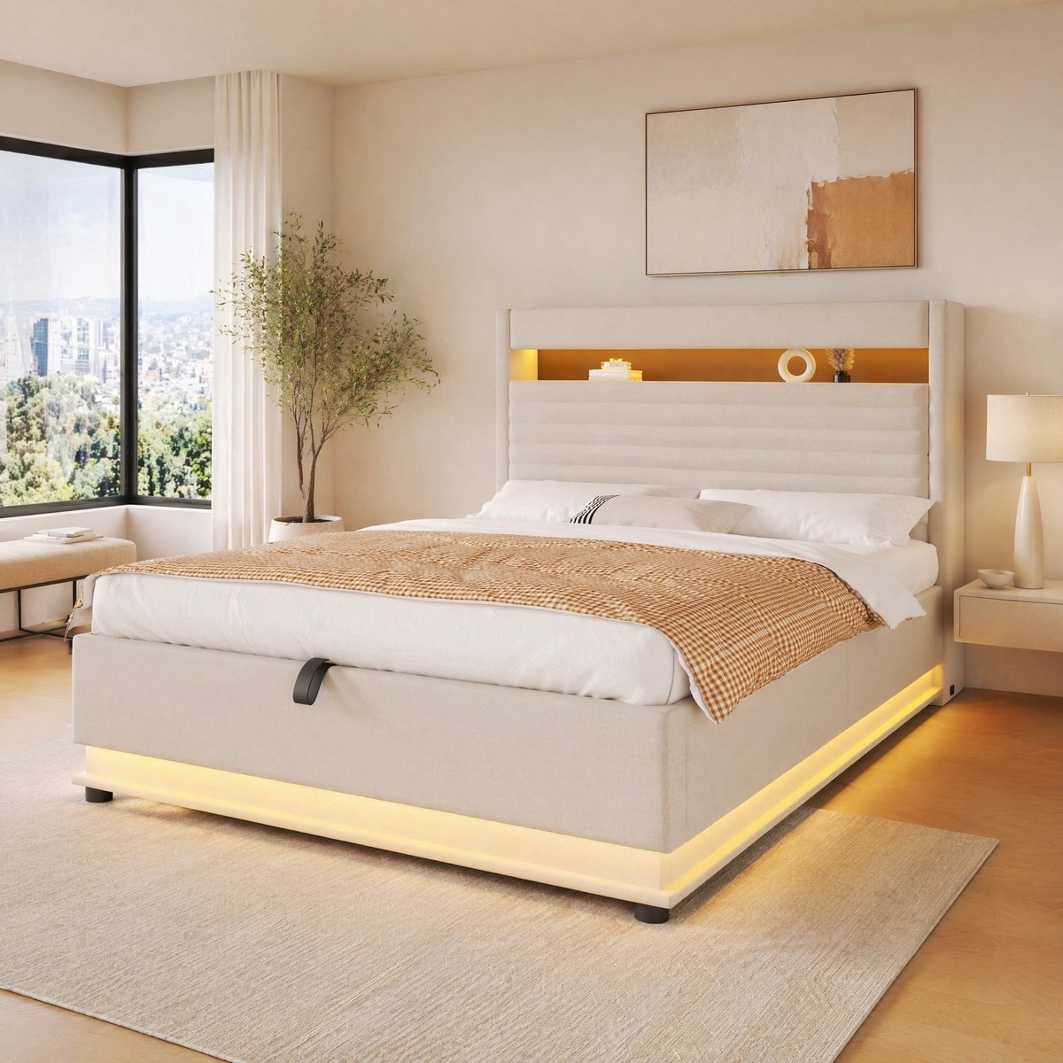 COVREO Opbergbed met USB-C – 140x200 cm – Tweepersoons model van stof – LED en hydraulische opslag – Beige - zonder matras