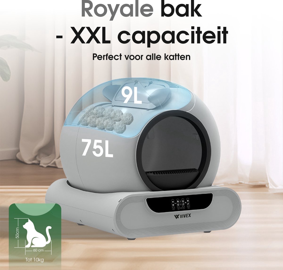 Vivex® Automatische Kattenbak – Zelfreinigende Kattenbak met 15 rollen - Elektrische Kattenbak Inclusief App – 75L - incl Matje en 225 opvangzakjes - XXL thumbnail 6