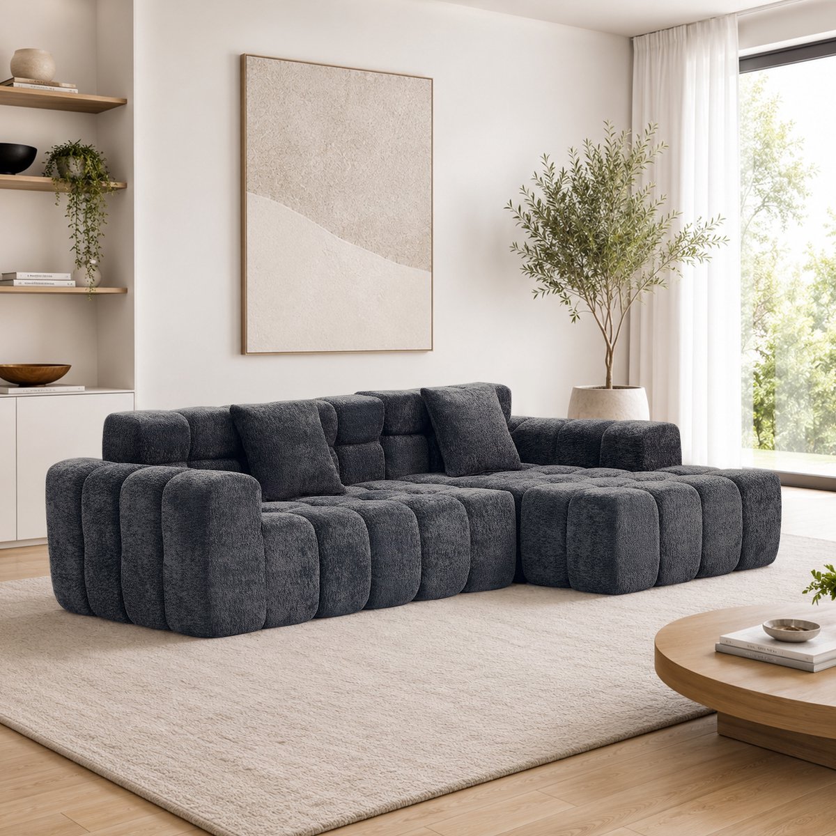 OKWISH Hoekbank 249,94 cm - Modulaire Slaapbank in L-vorm - Voor Woonkamer en Kantoor - Fluweel - Antraciet