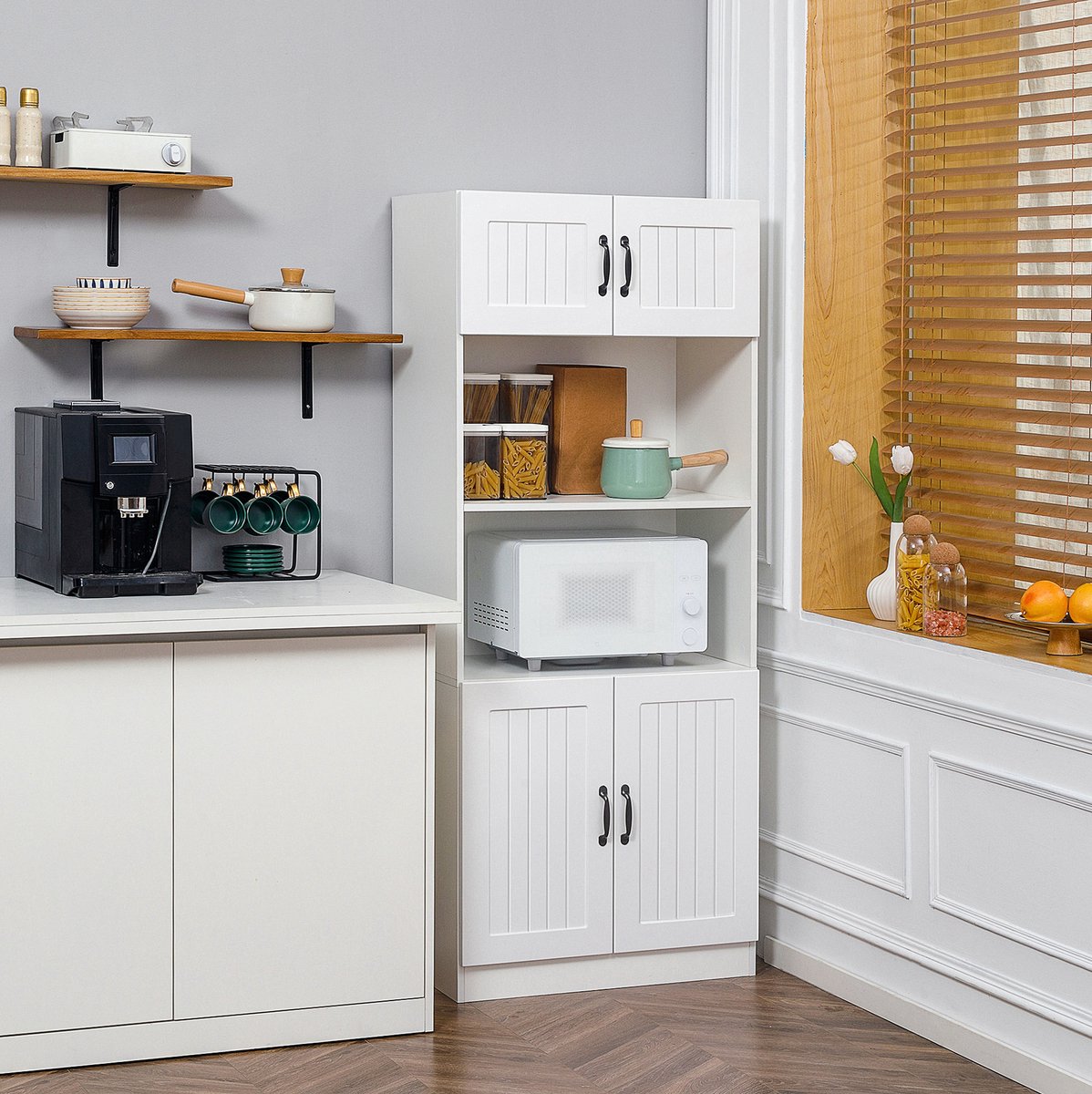 Hoge Keukenkast - Wit MDF Met Verstelbare Planken En Open Vak Voor Microgolfoven - Voor Keuken En Woonruimte - 70x40x170 Cm