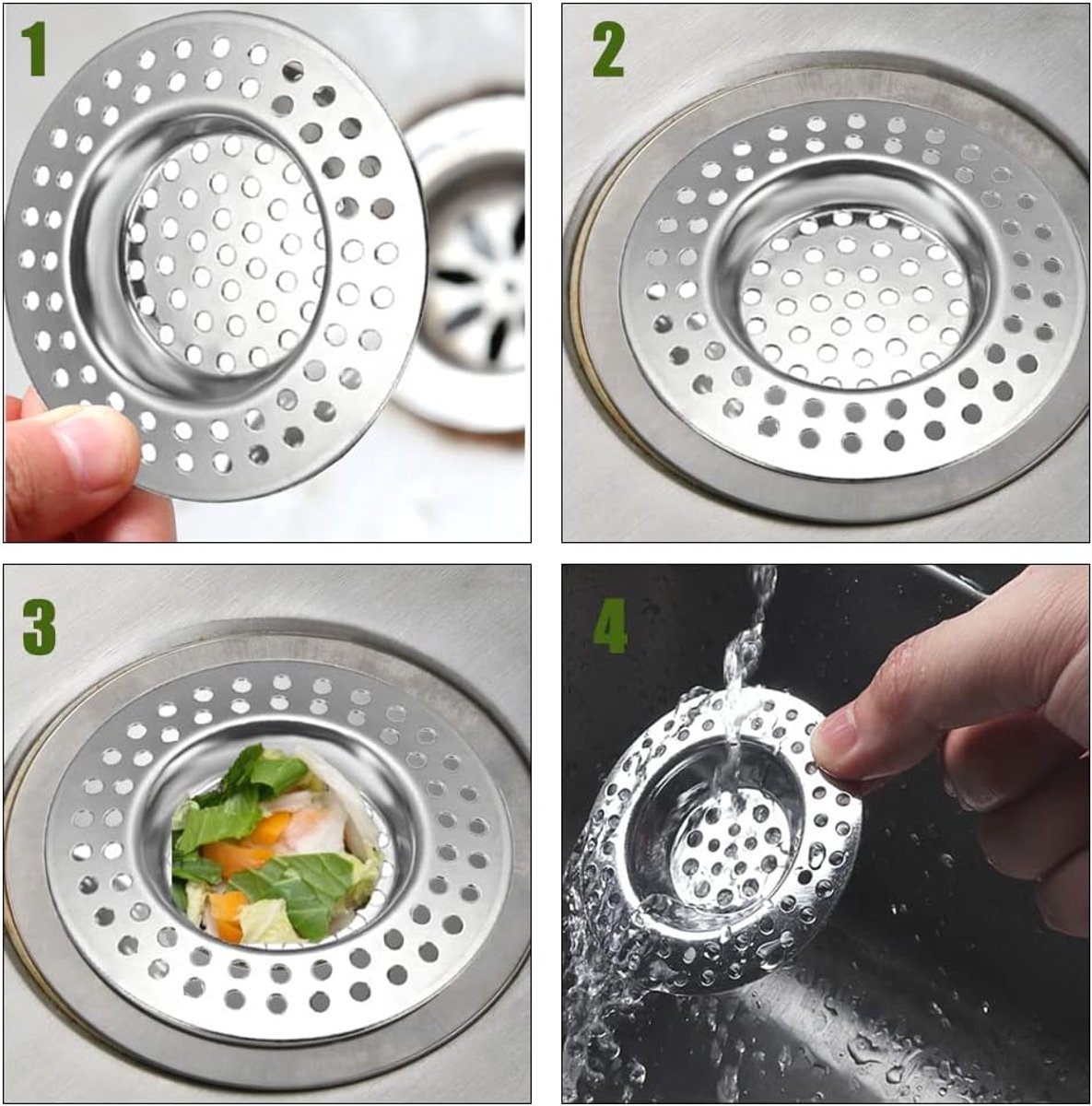 Tweedeledige filters voor keuken, roestvrijstalen afvoerbescherming, wastafel afvoerfilter, wastafel filter, douche en afvoerleiding of keuken wastafel