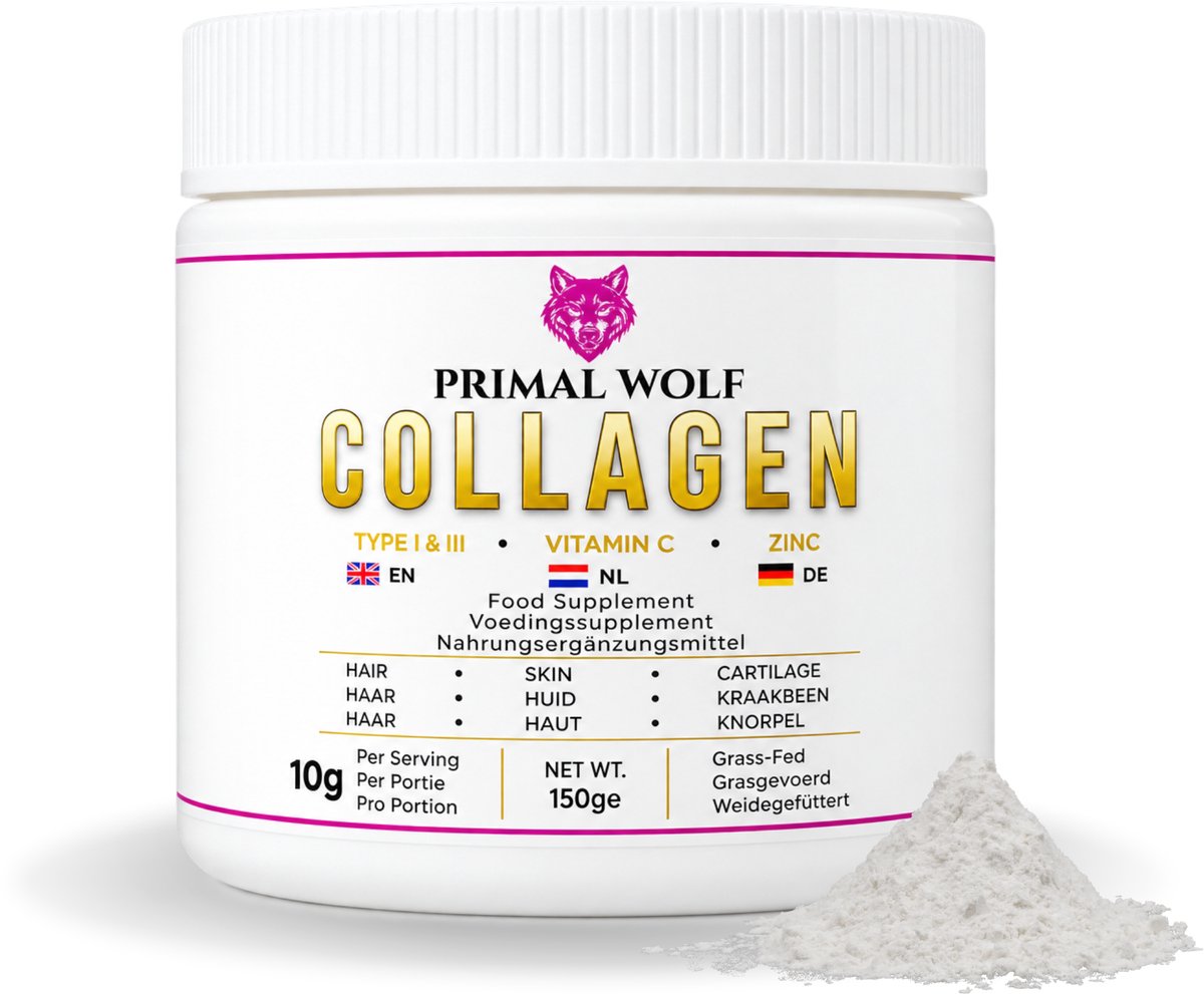 Primal Wolf® Collageen Peptiden Complex – 150g – Type I & III Runder Collageen Poeder – 9000mg Gehydrolyseerd Eiwit – Met Vitamine C, Hyaluronzuur & Zink – Eurofins Lab Getest – Neutraal & Instant Oplosbaar