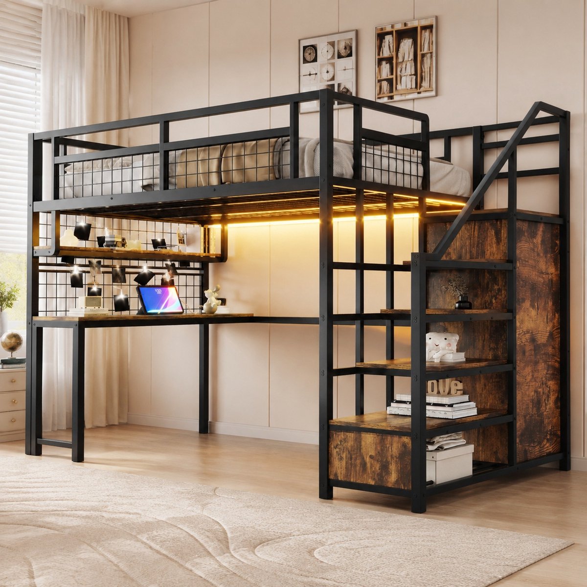 COVREO Hoogslaper met bureau en opbergleider – 253x148x180 cm – Bed van metaal en MDF – met kast en licht – Zwart - zonder matras
