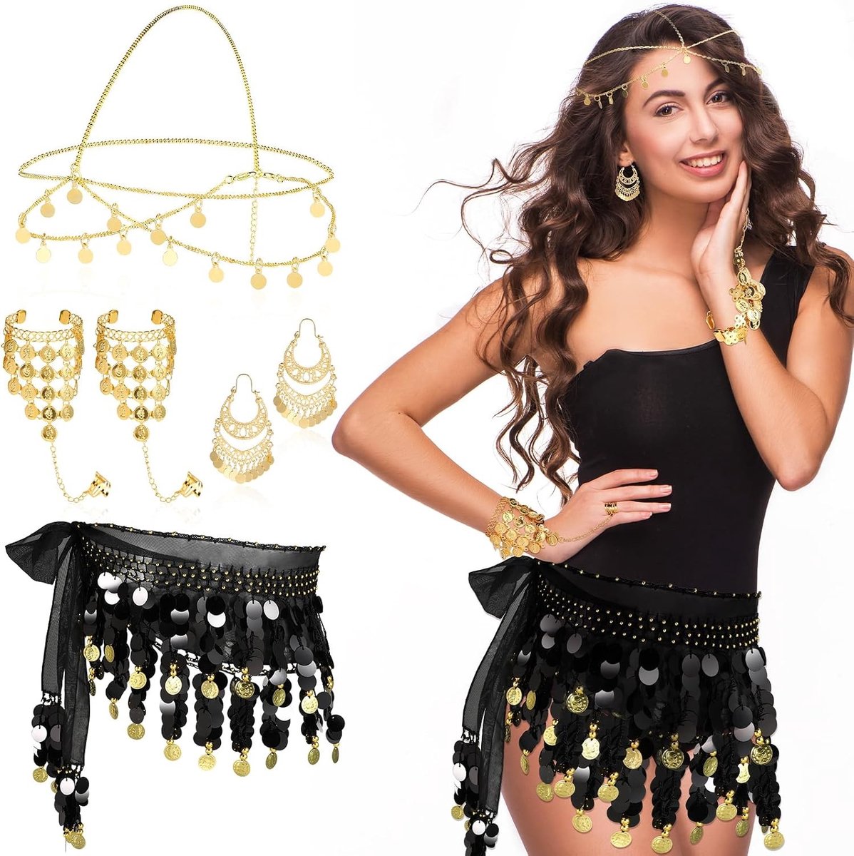 Zesdelige buikdanser kostuums voor vrouwen met zwarte pailletten sjaal, gypsy hoofdbedekking, gouden oorbellen, dansarmband en dansrok voor shows en evenementen