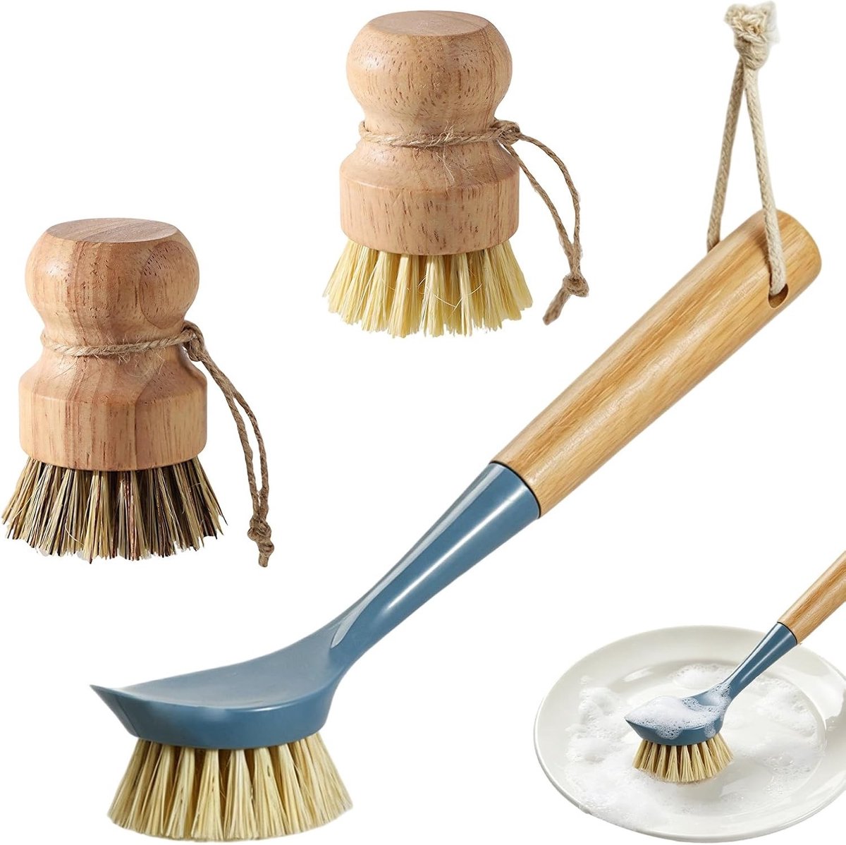 Set van 3 afwasborstels van hout, ronde borstel voor effectief afwassen en schoonmaken