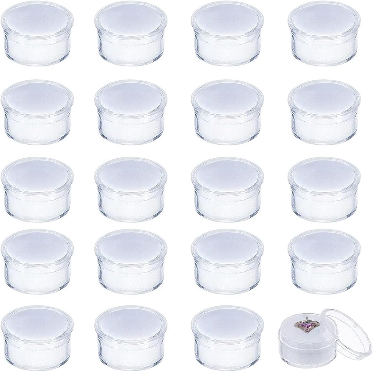 20 Stuks Witte Mini Ronde Steen Dozen voor Nagels, Losse Kralen en Sieradenopslag met Sponsmat, 3.5 x 0.8 cm, Perfect voor Creatieve Projecten en Organisatie