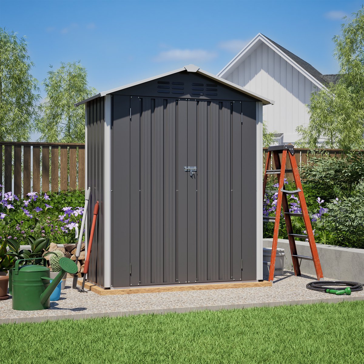 Tuinhuis - 154x83x180 cm - Grijs - Raam - Afsluitbaar - Bodemframe