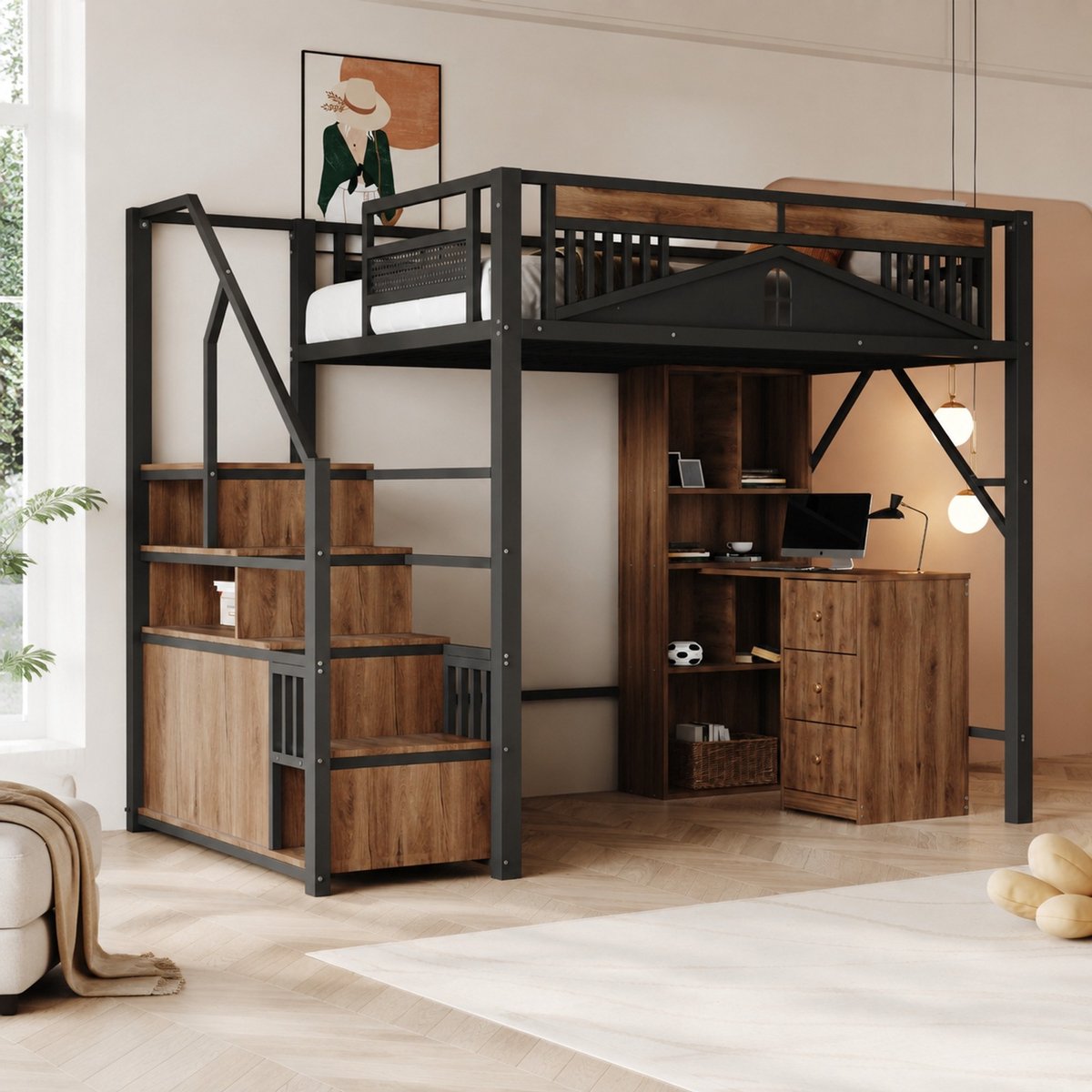COVREO Hoogslaper met trap en opbergruimte – 140x200 cm – Metalen bedframe met uitvalbeveiliging – voor kinderkamer – Zwart - zonder matras