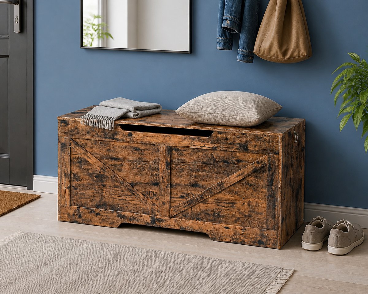 TRANKIELO® - Opbergkist met Deksel – Zitbank met Opbergruimte – Vintage Bruin – 110 cm – Robuust en Veilig