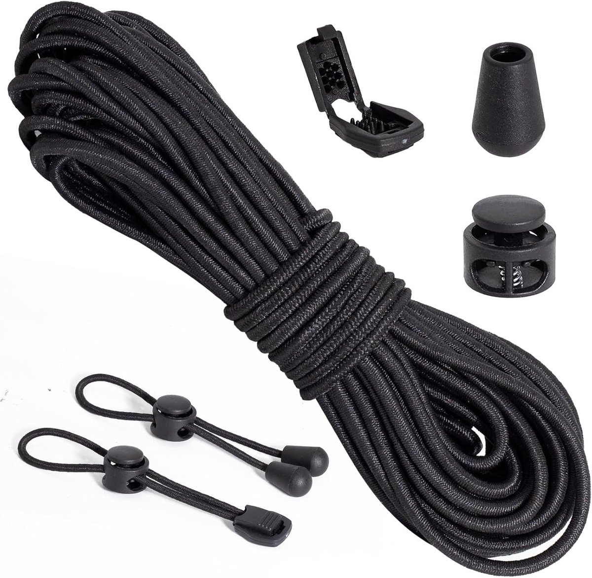 Twee elastische touwen van 3 mm dik en 10 meter lang, en 60 accessoires (20 kabelklemmen, 20 kabelbinders, 20 touwdoppen). De touwen zijn voorzien van spanners en zijn geschikt voor kamperen, backpacken, kleding, schoenen, enz. Zwart.