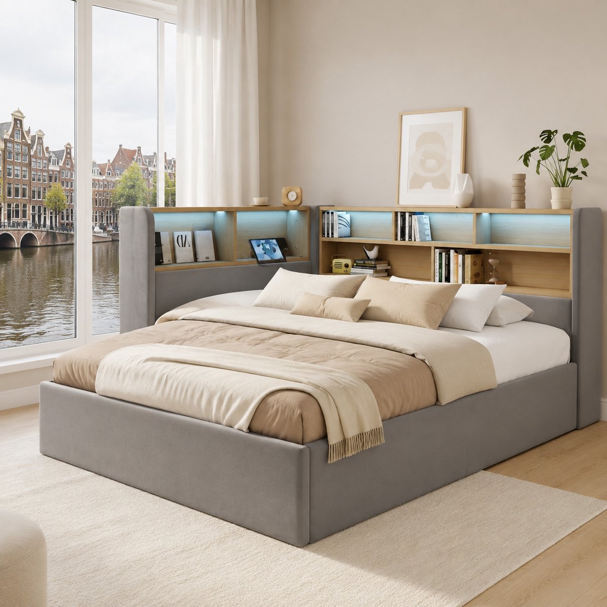 WUVRIE Grijze bedbank 90x200 cm met hydraulische opbergruimte, led en usb Grijs