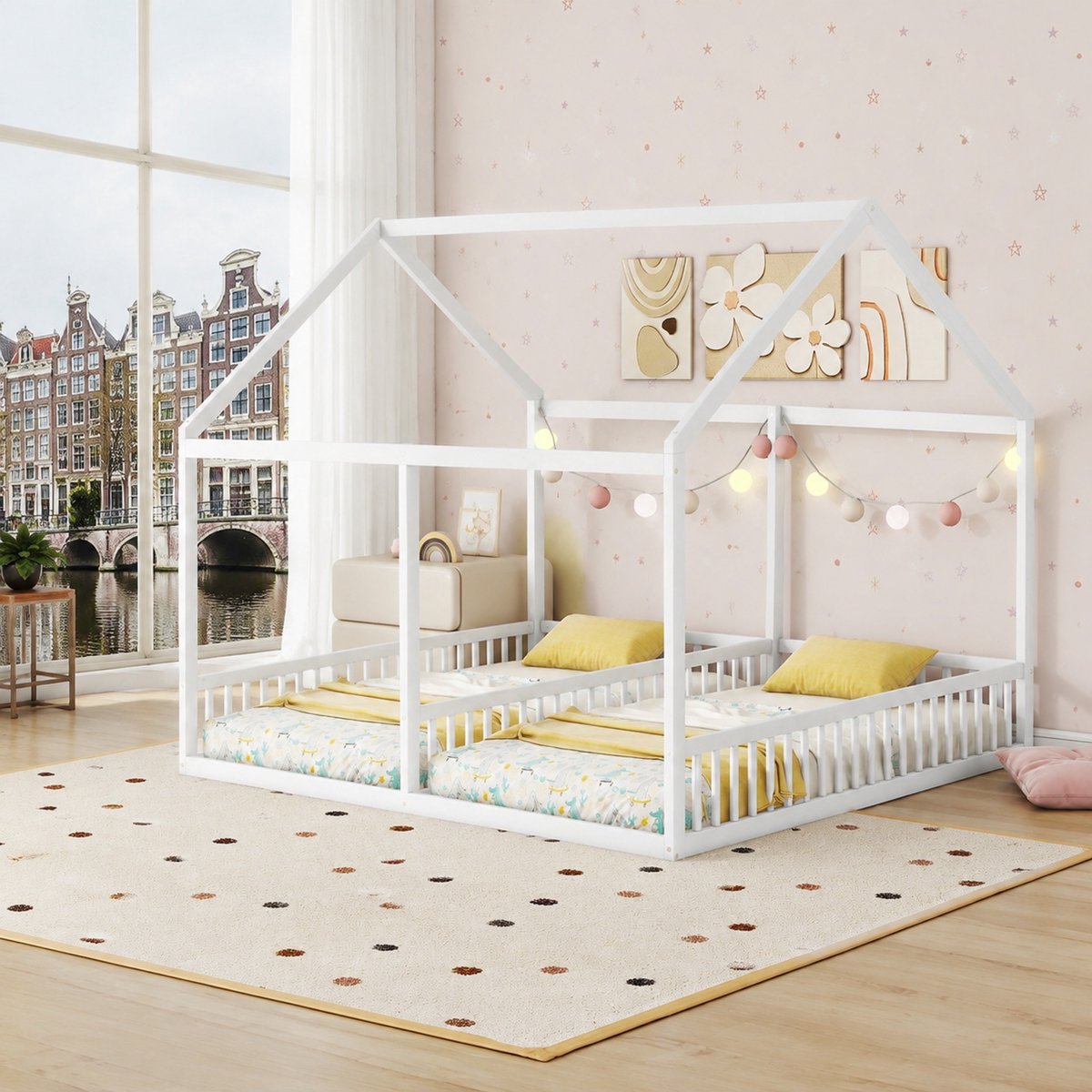 WUVRIE 90 x 200 cm 2-in-1 Kinderbed met Huisontwerp - Wit, 2 Kinderbedden met Bescherming - 2-in-1 Kinderslaapbank - Normaal Bed