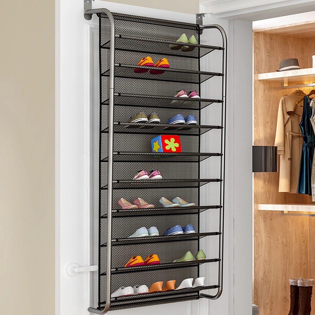 Schoenenzak Hangend - Schoenenrek Deurhanger - Schoenen Opberger - 10 Lagen - 30 Paar - Koolstofstalen Frame & Nylon Gaas - 151x56x21 cm - Past op Deur 0,3-5cm - Schoenen Organizer - Voor Deur & Muur