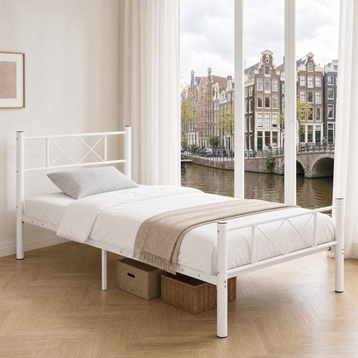 WUVRIE Stalen Bedframe voor Matras 90x200 cm - Wit - Hoogslaper 88 cm - Stabil met Lattenbodem - Ideaal voor Eenvoudig Slaapcomfort