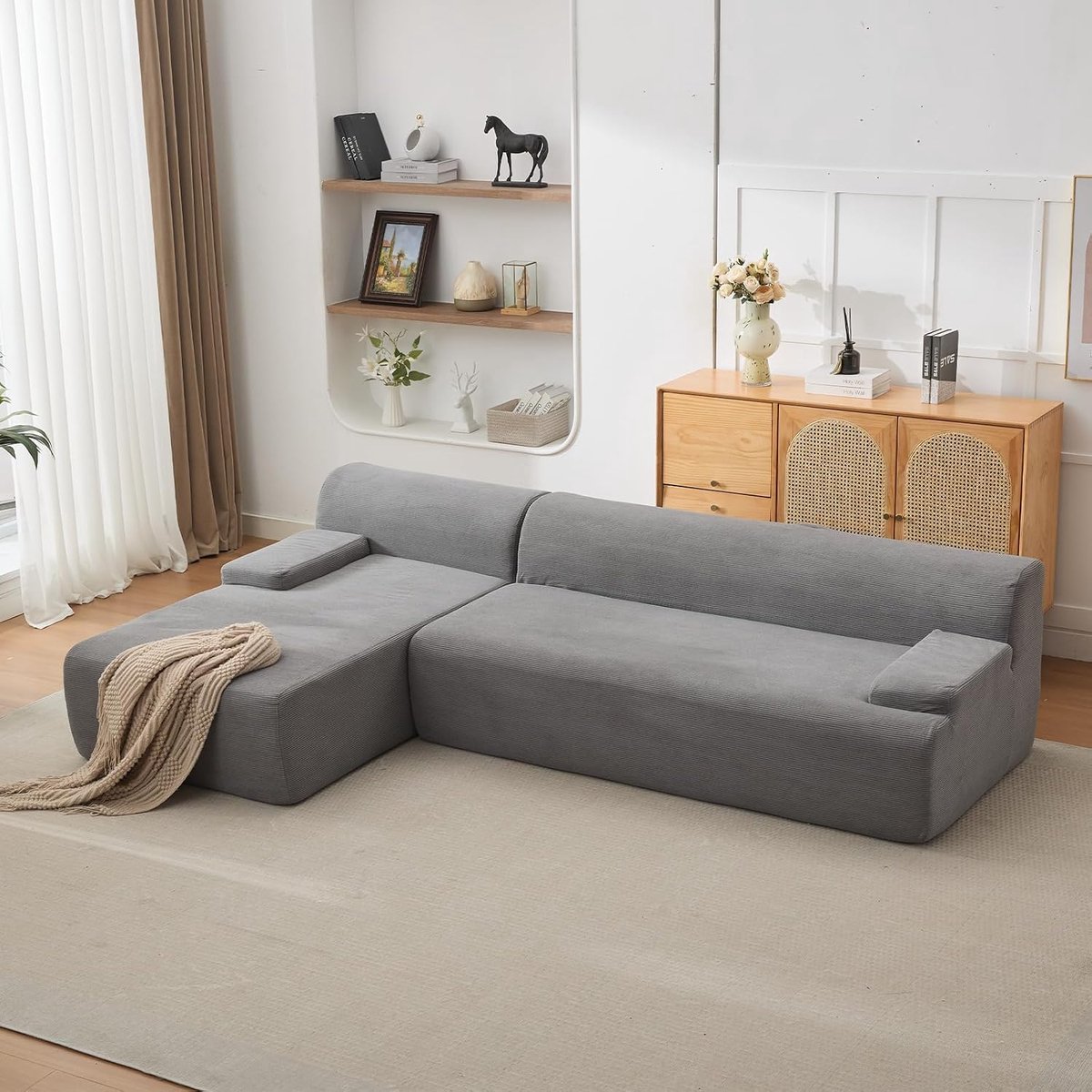Triumpunpre Modulaire hoekbank met chaise longue-hoekbank, pluizige, compacte bank, zwarte corduroy bank,L-vormige banken voor de woonkamer,grijs