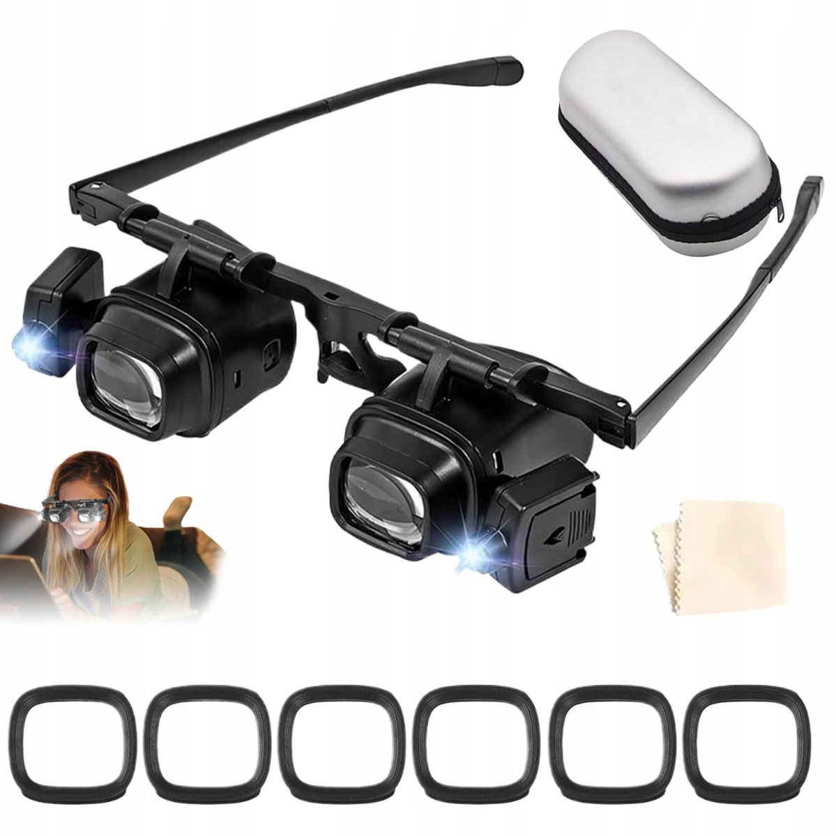 Loep Bril met 4 Lenzen - Loeplamp Hoofdband - Hoofdloep met 2 LED - 2x/6x/10x/24x - Verstelbaar - Draagcomfort - Handenvrij - Voor Lezen & Hobby & Precisie - Horloge Reparatie - Zwart