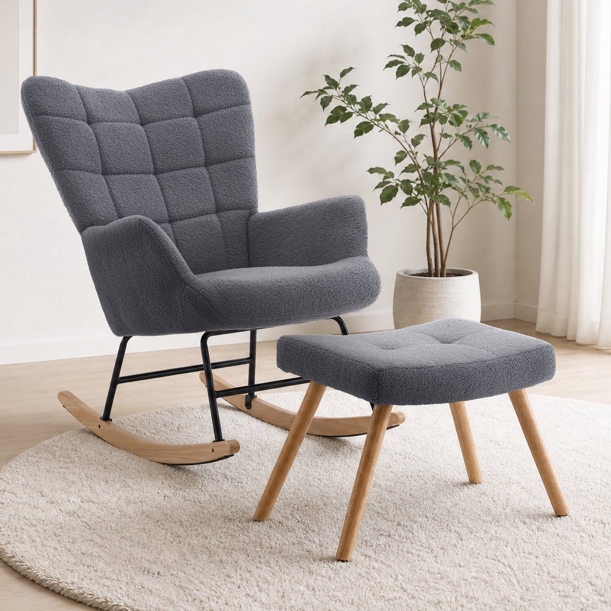STILVORA Schommelstoel Comfortabel 91 x 61 x 88 cm Lamswol Grijs Hoge Rugleuning Zachte Zitting Voetensteun Voor Lezen Rusten en Ontspannen