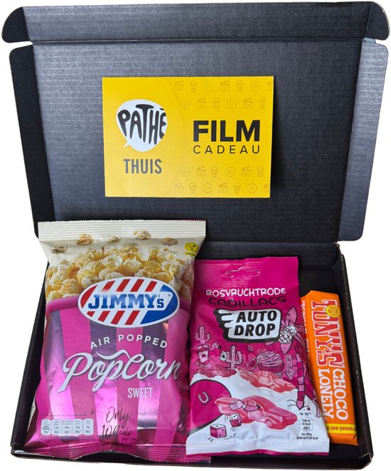 Open zwarte doos met Pathé Thuis Film Cadeau kaart, Jimmy's popcorn, Auto Drop snoepjes en Tony's Chocolonely reep.