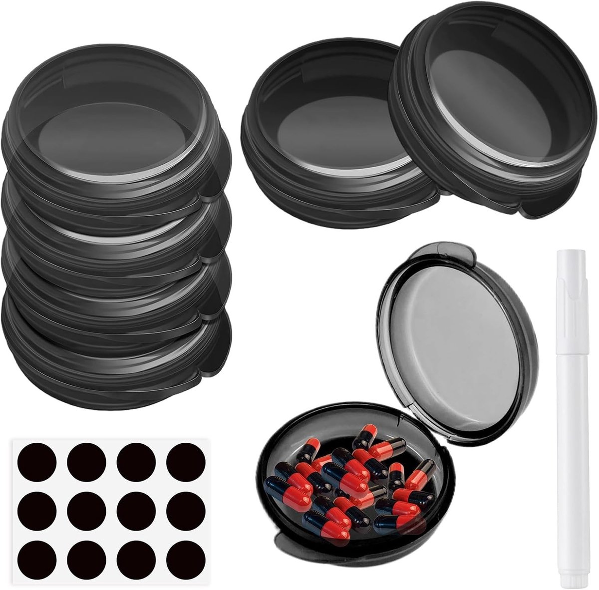 Kleine pillendoosjes set van 7, handige tablettenbox voor onderweg, organizer voor medicijnen met stickers en stift