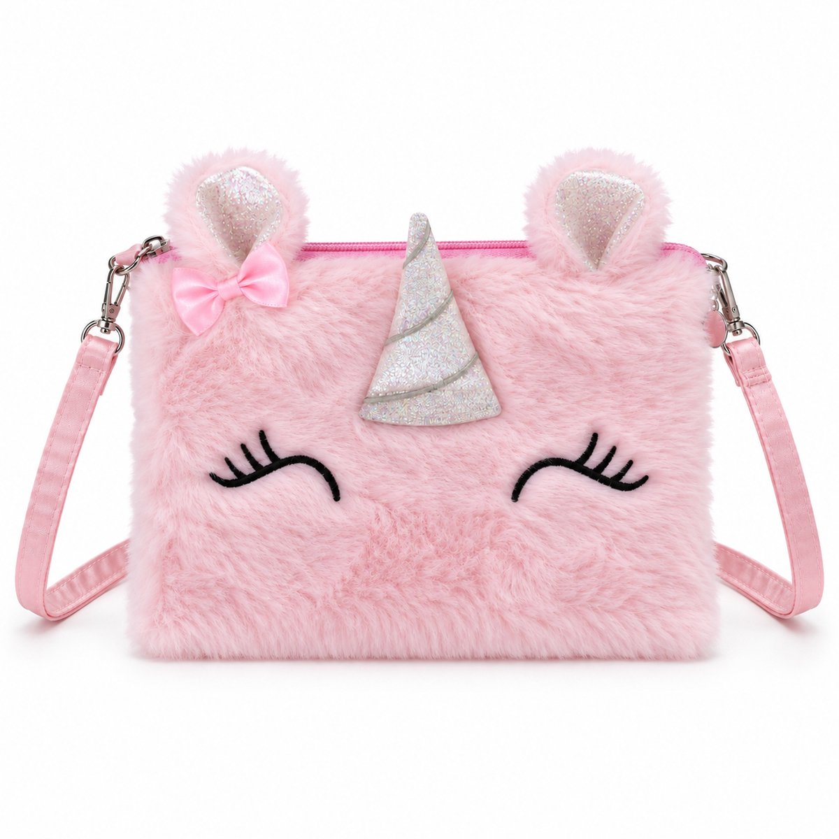 Tolvia Fluffy Zacht Eenhoorn Tasje voor Meisjes - Lichtroze Unicorn Schoudertas - Pluche Kindertas met Verstelbare Schouderband - 20 x 15 cm