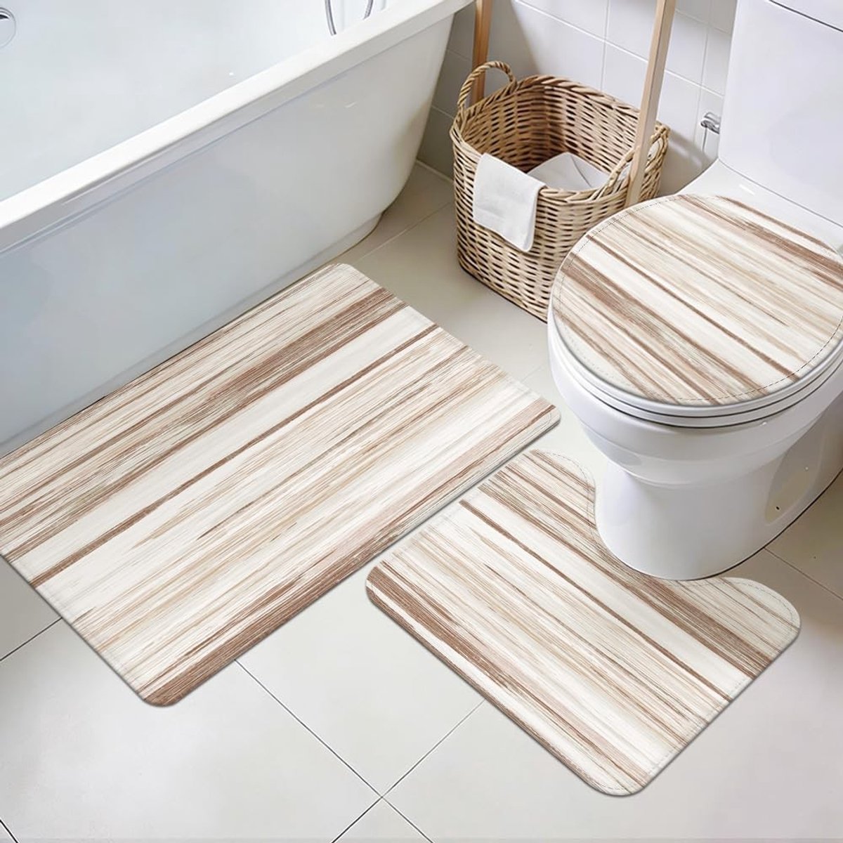 Set van 3 zachte antislip badkamermatten met toiletbrilhoes, wasbaar en abstracte strepen voor badkamer en entree decoratie