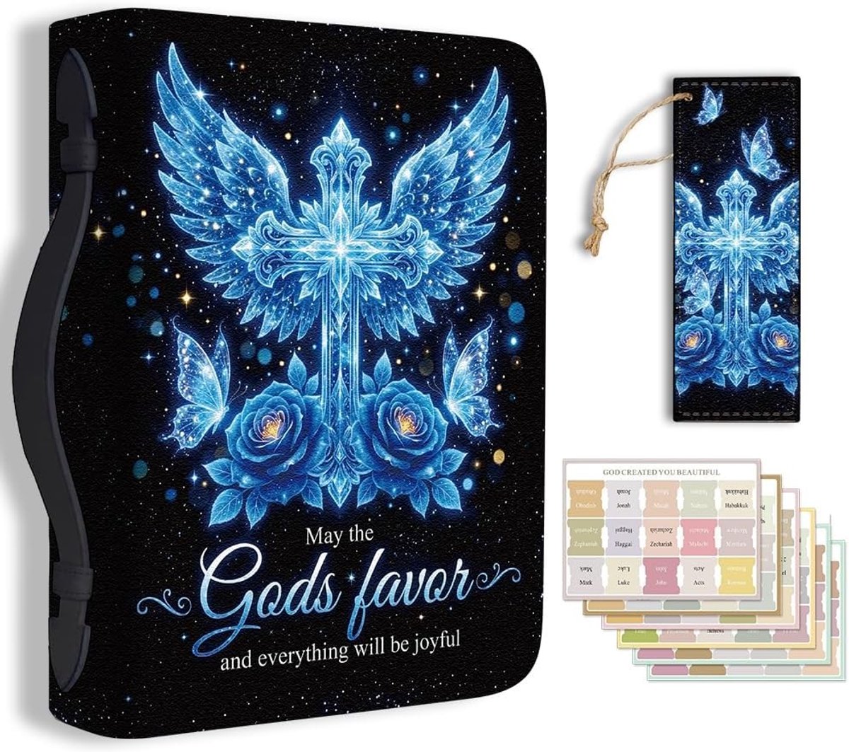 Gloeiende Christelijke Kruis Bijbel Cover van PU Leder met Bladwijzer en Draagtas voor Bijbel, 20,3 cm x 28,4 cm x 5,8 cm, Ideaal voor Vrouwen en Mannen, Perfecte Bijbel Accessoires