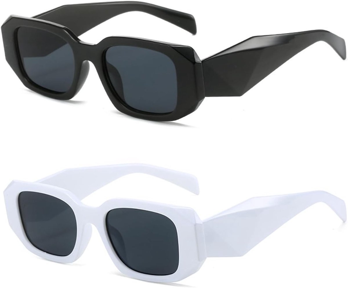 Set van 2 vierkante zonnebrillen, retro hip hop disco brillen, 90s stijl, zwart en wit, trendy zonneaccessoires voor elke gelegenheid
